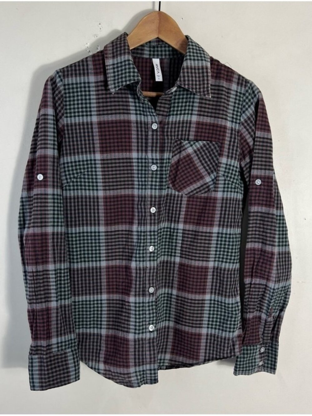 RVCA Women’s 100% Cotton Plaid Button Up Green Burgundy Pull Tab Sleeve Size S